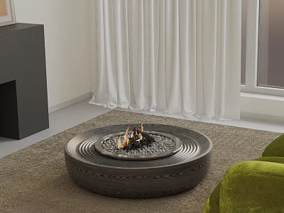 Sofa and Coffee Table Set with Round Fire Pit Table Green Sofa and White Curtains 3d model