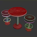 Three Purple Stools With Silver Rings And Red Bases By Pink Round Table