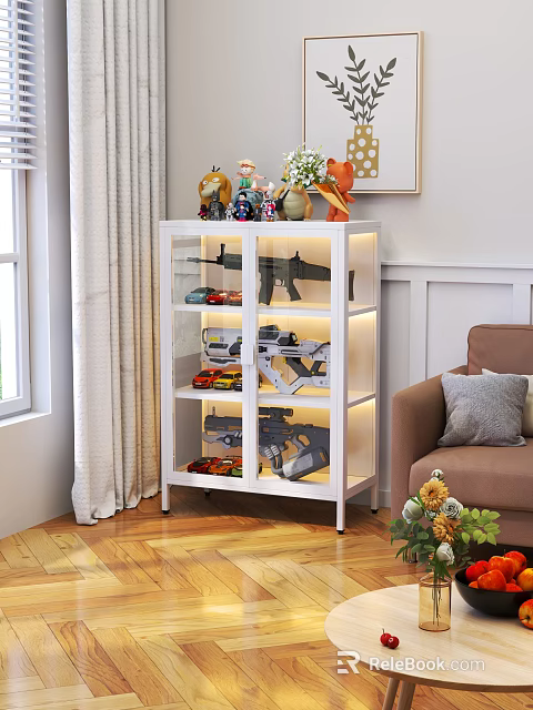 Action Figure Display Cabinet With Glass Doors Shelves Toy Guns And Decor In Living Room 3d model 