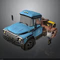 Man in Yellow Hat and Suspenders Waving Hand by Blue Truck