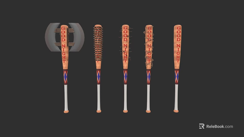 Various Tactical Baseball Bats With GOODNIGHT Text And Decorative Handle Designs 3d model 