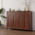 Wooden Shoe Cabinet With Drawers And Doors Classic Design Decorative Vases Books And Green Plants