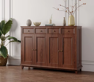 Wooden Shoe Cabinet With Drawers And Doors Classic Design Decorative Vases Books And Green Plants 3d model