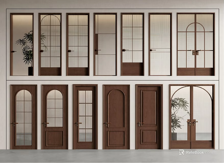 Various Styles Of Hinged Doors With Glass Panels Wooden Frames And Arch Designs 3d model 