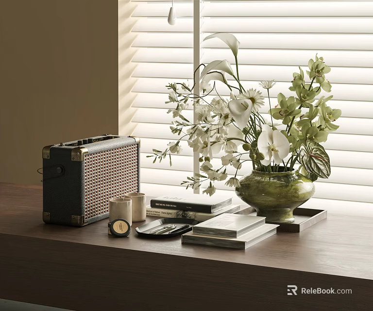 Elegant Floral Decor With White Flowers Green Leaves In Vase On Wooden Table By Blinds 3d model 