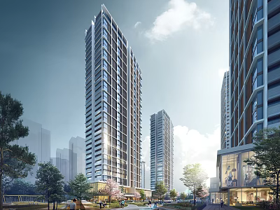 Modern High rise Residential Building With Surrounding Greenery And Street View 3d model