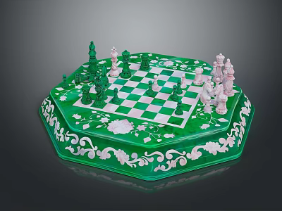 Exquisite Detailed Octagonal Green Chessboard Featuring White Floral Patterns And Colored Pieces 3d model
