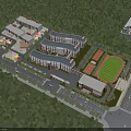 Modern School Campus Building with Connected Classrooms and Green Playground Surrounded by Trees
