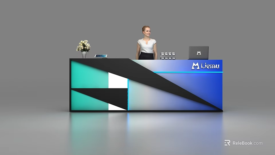 Modern Geometric Liconti Reception Desk With Floral Vase Laptop And Receptionist 3d model 
