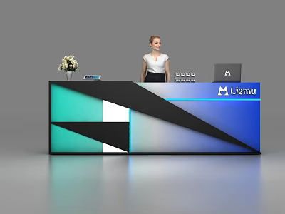Modern Geometric Liconti Reception Desk With Floral Vase Laptop And Receptionist 3d model