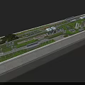 Aerial Planning of Urban Transport Hub With Curved Rail Tracks Green Lawns and Buildings