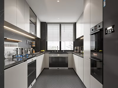 Modern Kitchen Interior With White Cabinets Black Countertops Blinds And Appliances 3d model