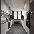 Modern Kitchen Interior With White Cabinets Black Countertops Blinds And Appliances