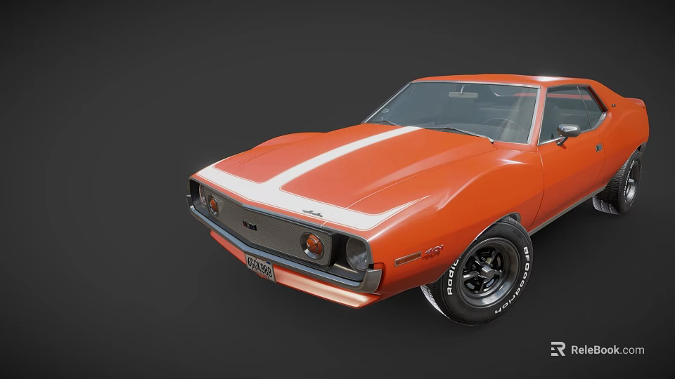 Classic Orange Two Door Muscle Car With White Stripe And Black Wheels Design 3d model 