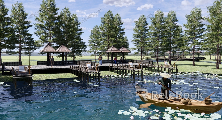 Modern Park Nature Waterfront Wetland Park Landscape Fishing Park Metasequoia Forest River Waterfront Plank Road Wooden Boat Fisherman model