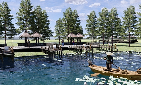 Modern Park Nature Waterfront Wetland Park Landscape Fishing Park Metasequoia Forest River Waterfront Plank Road Wooden Boat Fisherman 3d model