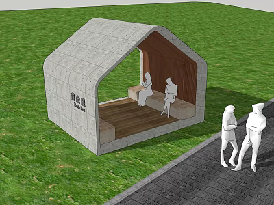 Modern Pergola With Concrete Exterior Wooden Seating And Grass Lawn Rest Space 3d model