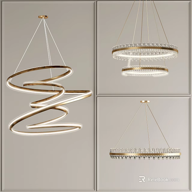 Contemporary Spiral And Ring Chandeliers Featuring Crystal And Metal Frame Design 3d model 