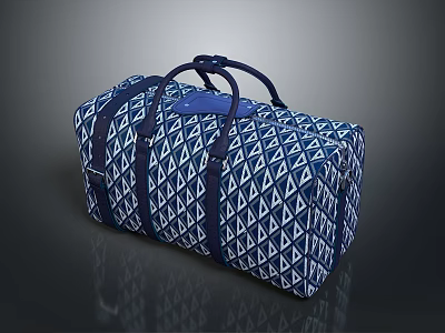 Blue and White Geometric Pattern Duffel Bag with Dark Blue Handles for Travel 3d model