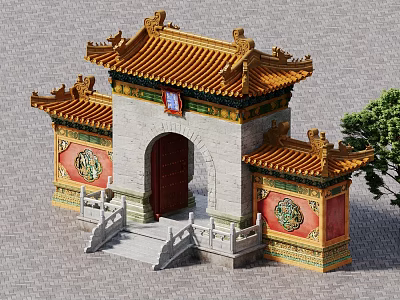 Ancient Chinese Architectural Gateway With Yellow Glazed Roof And Red Decorated Walls 3d model