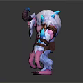 Mythical Horned Monster Character With Pink Skin White Fur Brown Straps And Blue Glowing Crystals