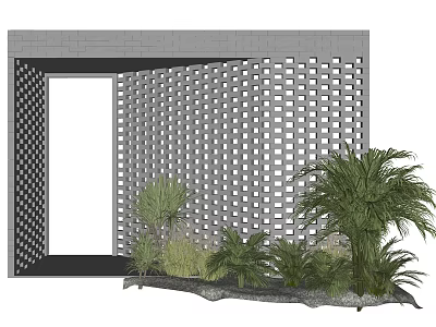 Building Facade With Perforated Grid Design And Surrounding Tropical Plants 3d model