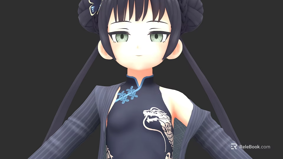 Game Anime Character With Black Double Buns Green Eyes Black Qipao Dragon Design Striped Coat 3d model 