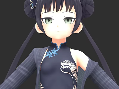 Game Anime Character With Black Double Buns Green Eyes Black Qipao Dragon Design Striped Coat 3d model