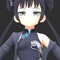 Game Anime Character With Black Double Buns Green Eyes Black Qipao Dragon Design Striped Coat