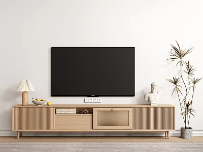 Modern Wooden TV Stand with Sleek Design Table Lamp Fruit Bowl Books Statue and Plant 3d model