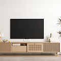Modern Wooden TV Stand with Sleek Design Table Lamp Fruit Bowl Books Statue and Plant