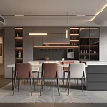 Modern Restaurant Interior With Open Design Dining Table Chairs Hanging Lights And Cabinets