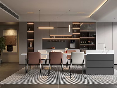 Modern Restaurant Interior With Open Design Dining Table Chairs Hanging Lights And Cabinets 3d model