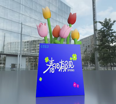 Spring Themed Photo Check In Spot with Blue Display Board Flower Decorations Modern Building Background 3d model