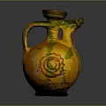 Handcrafted Ceramic Sculpture Carving With Yellow Green Glaze Spiral Patterns Handle And Spout