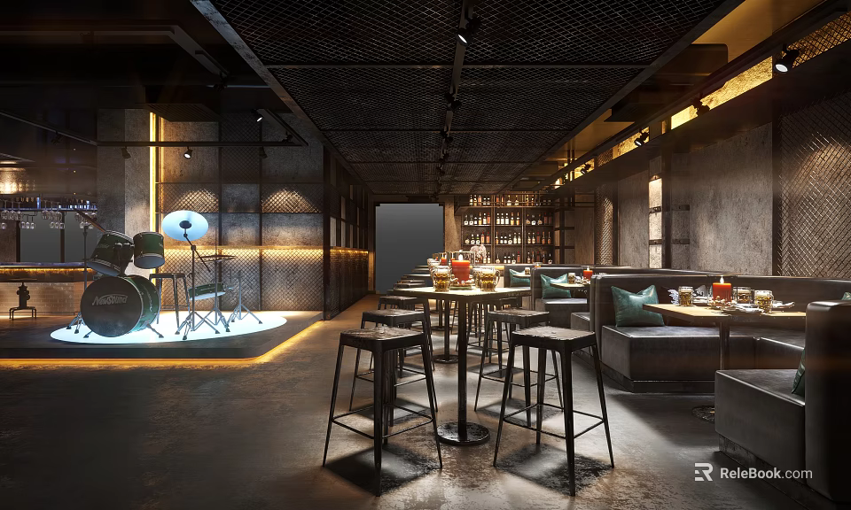 Modern Industrial Restaurant With Live Music Stage Drum Set Tables Sofa Seats And Bookshelves 3d model 