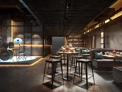 Modern Industrial Restaurant With Live Music Stage Drum Set Tables Sofa Seats And Bookshelves 3d model