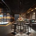 Modern Industrial Restaurant With Live Music Stage Drum Set Tables Sofa Seats And Bookshelves
