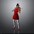 Female In Red Dress Holding Classic Violin With White Gloves And Red Shoes
