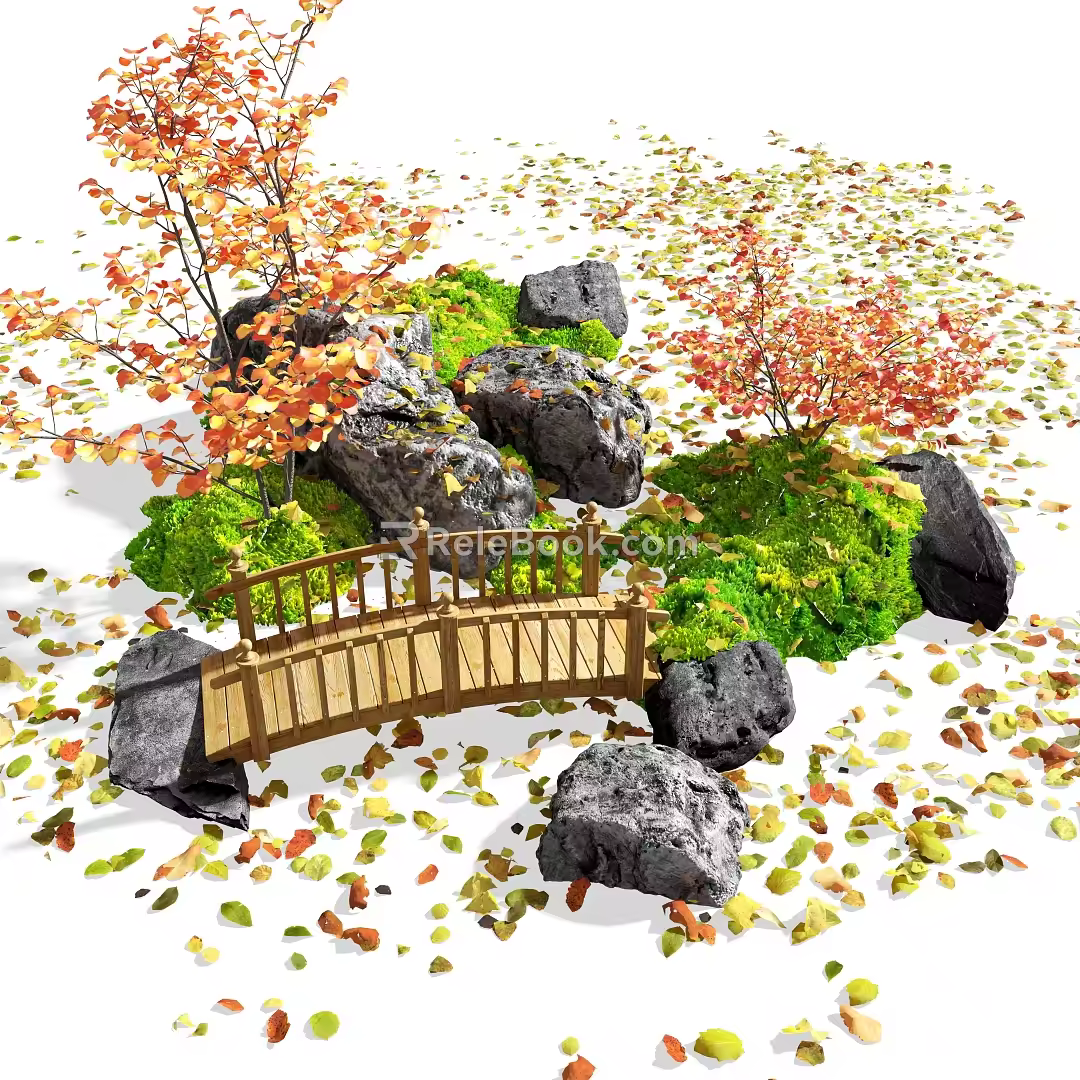 Courtyard landscape sketch red maple deciduous landscape stone wooden bridge 3d model