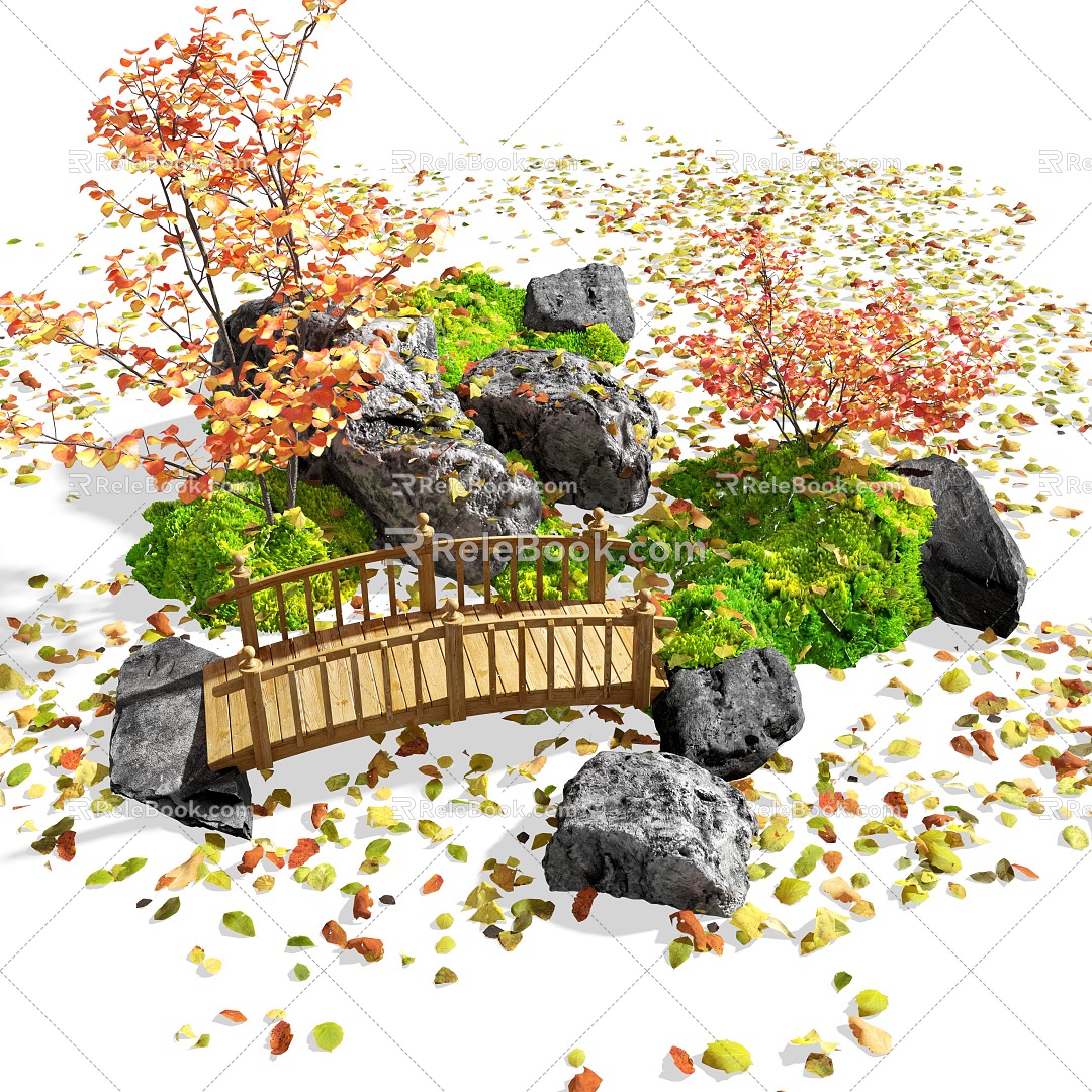 Courtyard landscape sketch red maple deciduous landscape stone wooden bridge 3d model