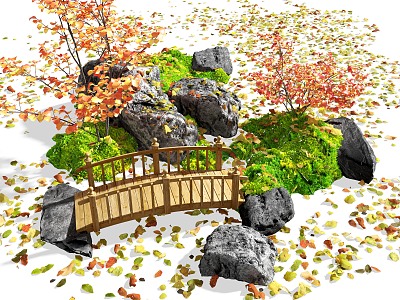 Courtyard landscape sketch red maple deciduous landscape stone wooden bridge 3d model