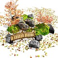 Courtyard landscape sketch red maple deciduous landscape stone wooden bridge 3d model