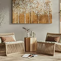 Rattan Casual Sofa Set With Golden Tree Wall Art And Wooden Side Table