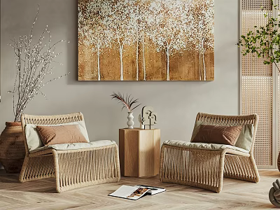 Rattan Casual Sofa Set With Golden Tree Wall Art And Wooden Side Table 3d model