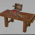 Rustic Wooden Long Table With Open Box Pink Items And Small Bowl