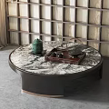 Round Marble Top Coffee Table With Green Teapot Tray And Grid Patterned Wall 3d model