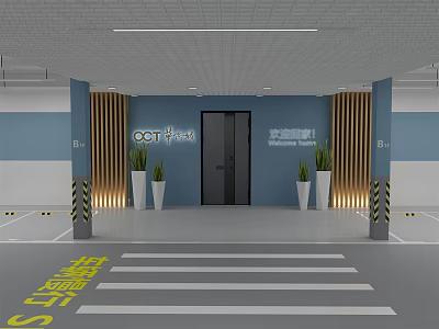 Building Exterior Wall With Blue White Panels Entrance Door And Green Plants 3d model