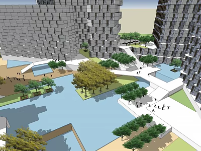 Modern Office Building Complex With Central Water Feature Green Spaces And Pedestrian Plaza 3d model