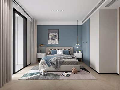 Cozy Kids Bedroom With Gray Bed Astronaut Wall Art Soft Carpet And Curtains 3d model